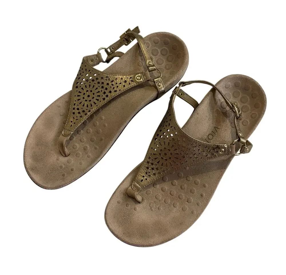 Vionic Kirra Sandals Gold Perforated Leather Thong Slingback Arch Support 10